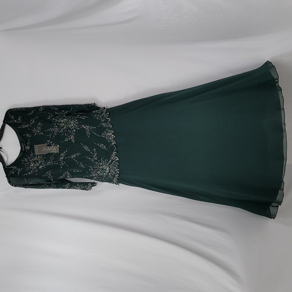 𝅺JKARA Hunter Asimetrical Green Chiffon Beaded  Embellished Gown - Picture 15 of 17